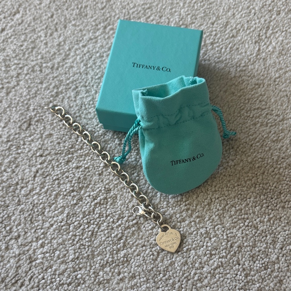 Tiffany & Co. Silver Heart Tag Charm Bracelet with Tiffany Blue Pouch